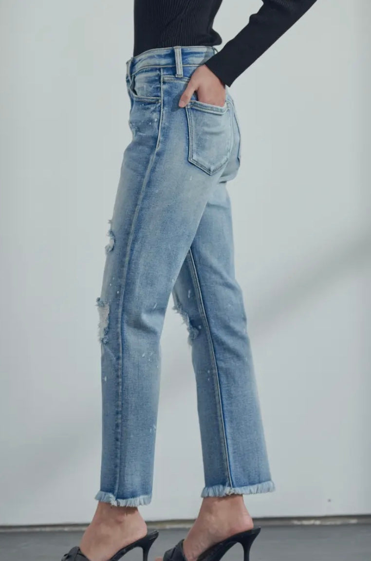 High rise distressed straight frayed hem jeans