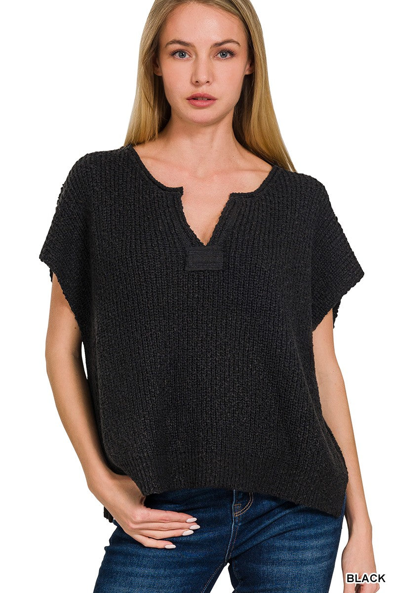 BLACK ROLLED SPLIT-NECK SIDE SLIT PULLOVER