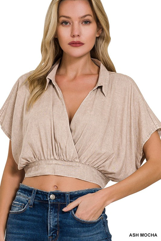 WASHED LINEN BANDED HEM SURPLICE CROPPED TOP