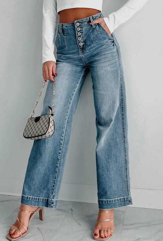 Multi button straight loose leg Jean
