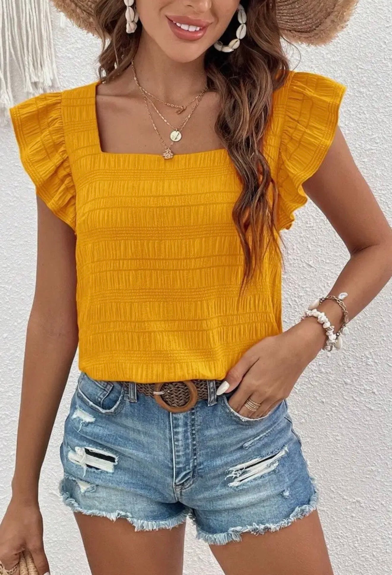 Yellow ruffle sleeve blouse