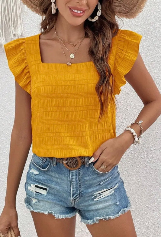 Yellow ruffle sleeve blouse