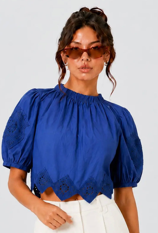 Navy crochet trim top