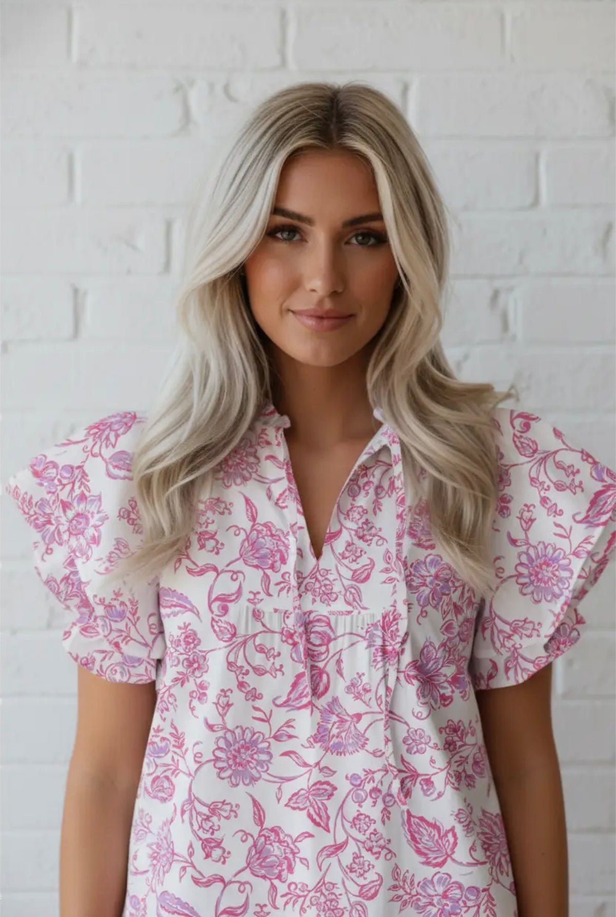 Floral ruffle sleeve v neck