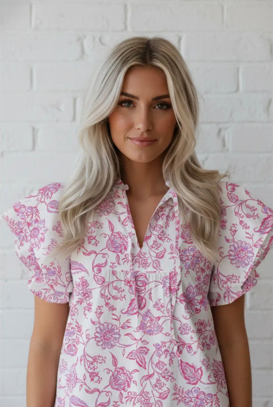 Floral ruffle sleeve v neck
