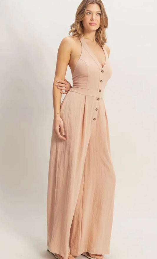 Halter button jump suit