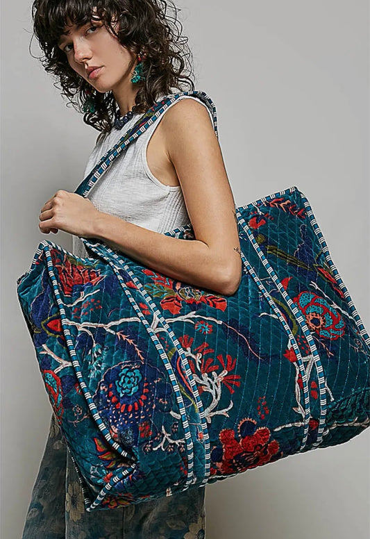 Botanical velvet quilted tote bag
