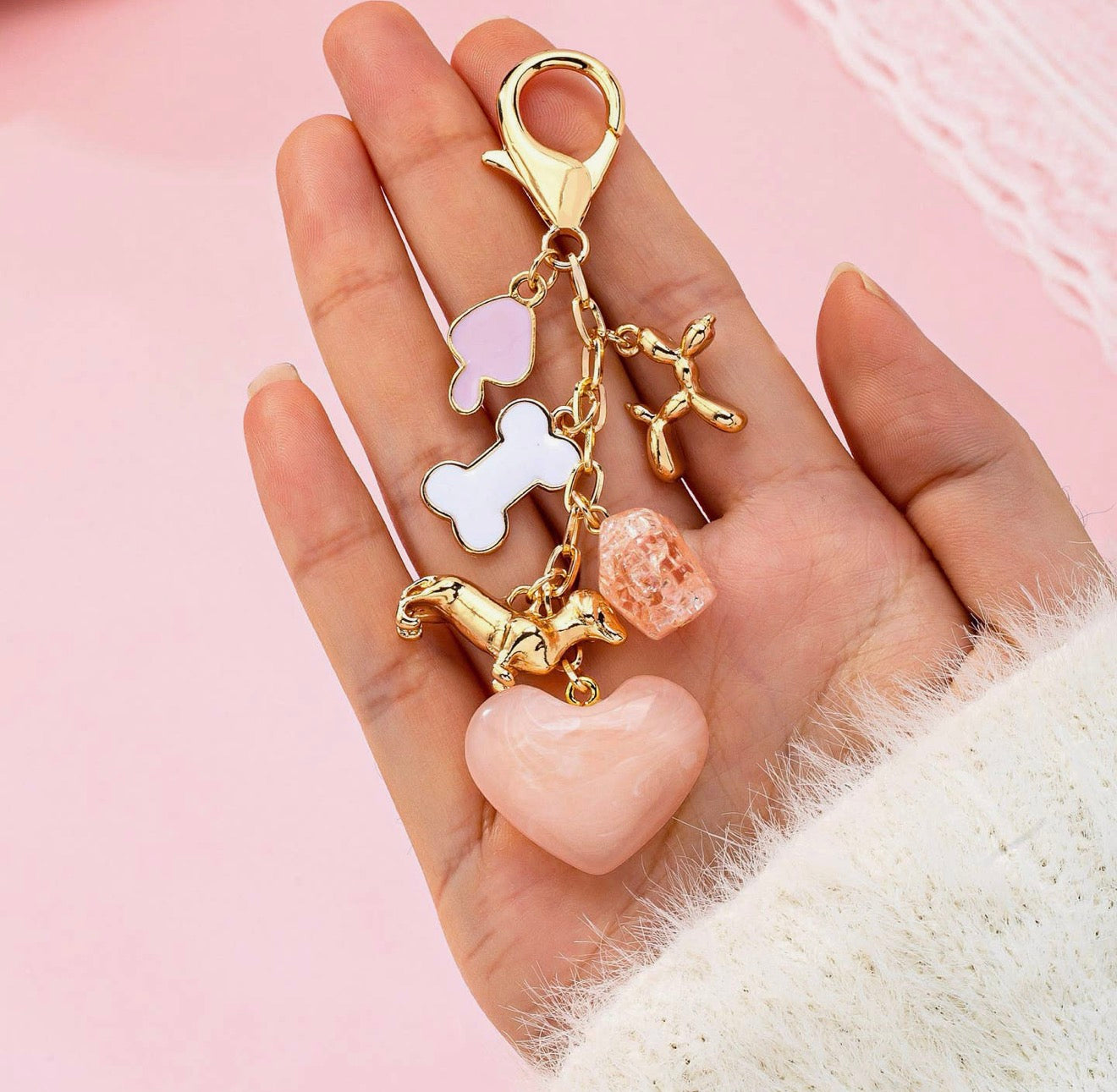 Heart dog bone bag charm