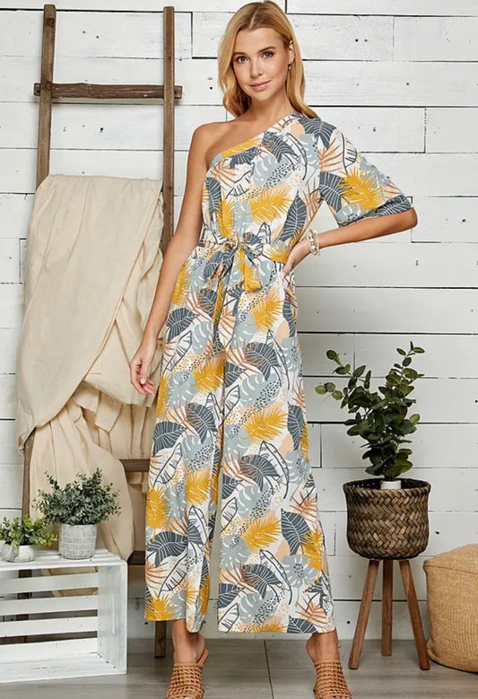 One shoulder lovely leaf jumpsuit