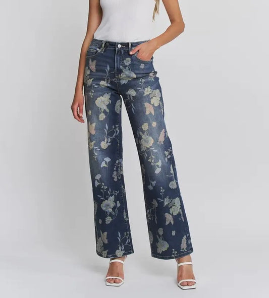 High rise wide leg floral jeans