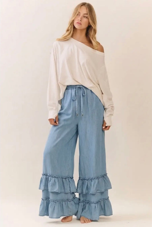 Washed chambray wide leg pants