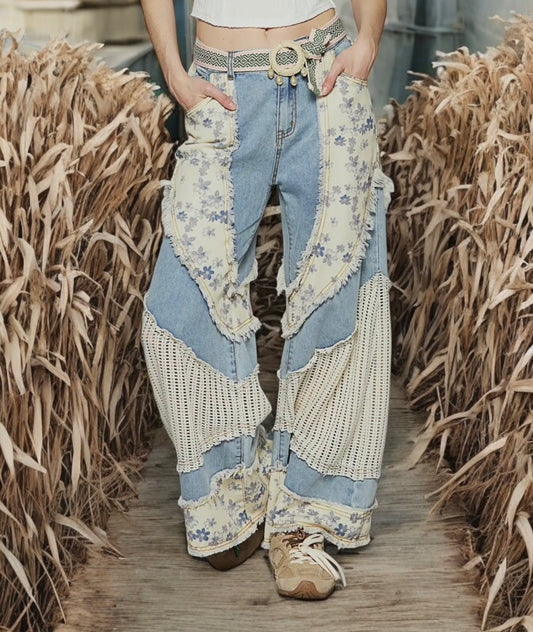 Floral Print Crochet Jeans