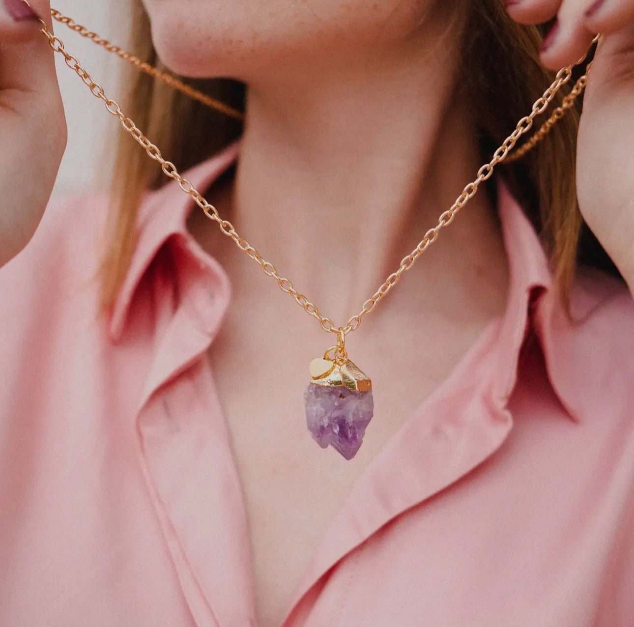 Amethyst crystal gold necklace