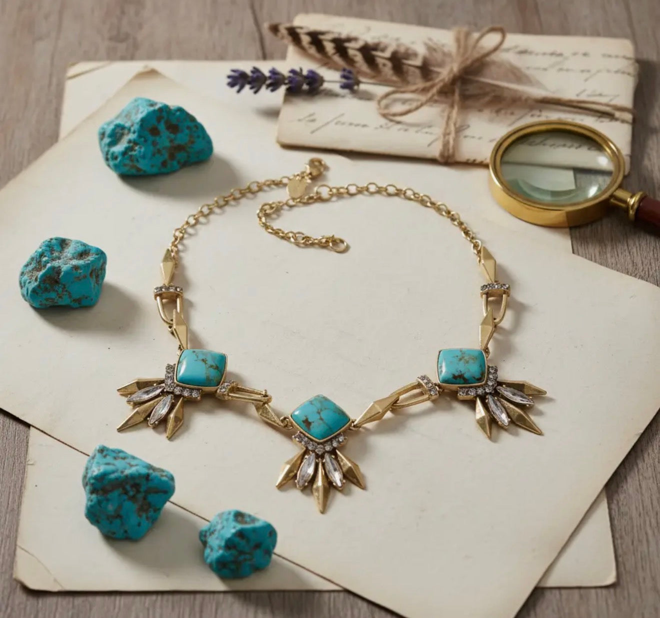 18 k gold plated turquoise and crystal necklace