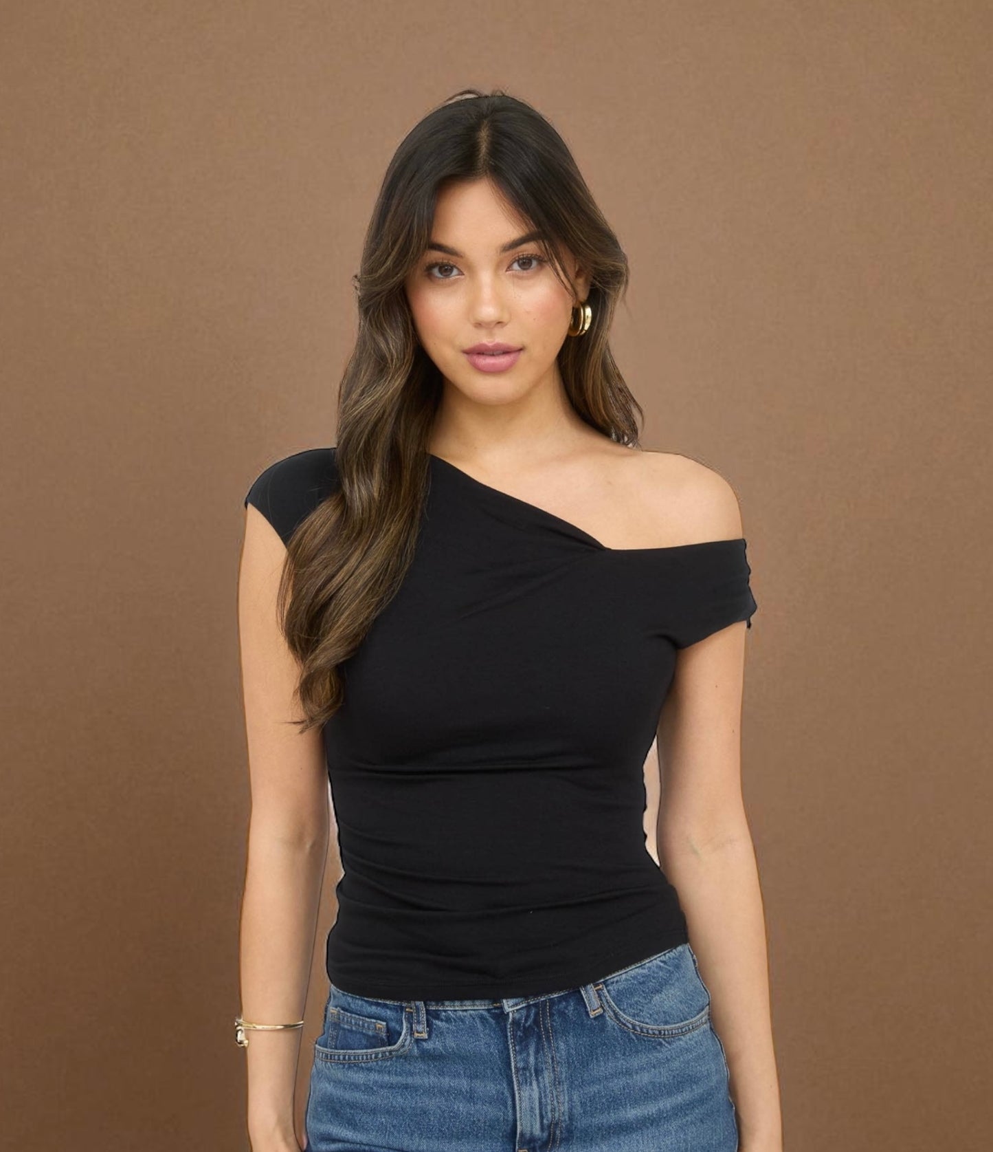 ASYMMETRICAL WRAP NECKLINE KNIT TOP