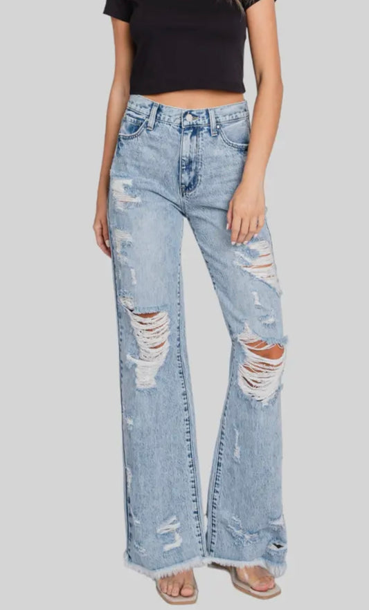 Destroyed high rise vintage flare jeans