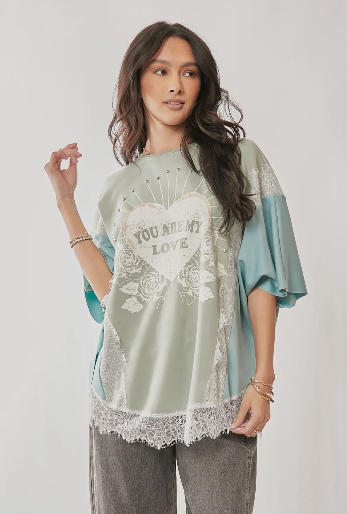 You are my love print lace short sleeve top