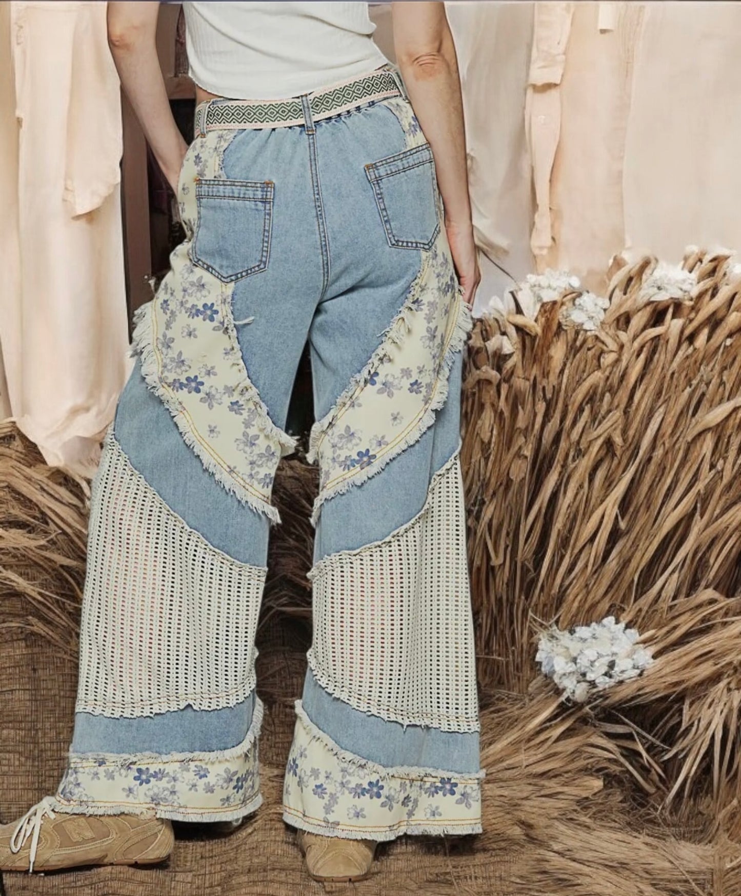 Floral Print Crochet Jeans