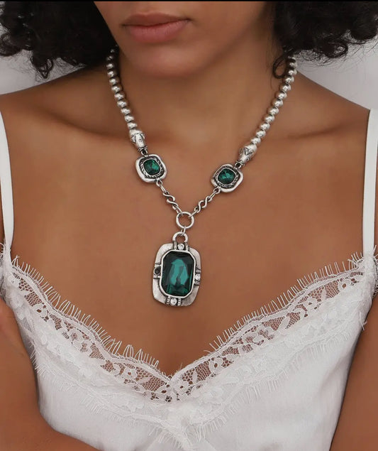 Rectangular crystal green stone ball chain necklace