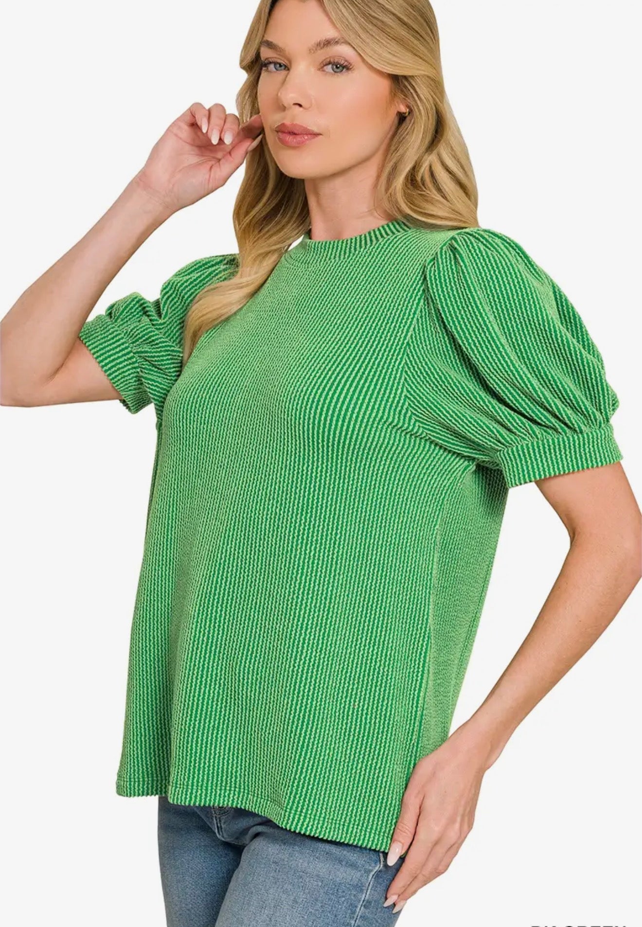 Green ribbed puff sleeve top