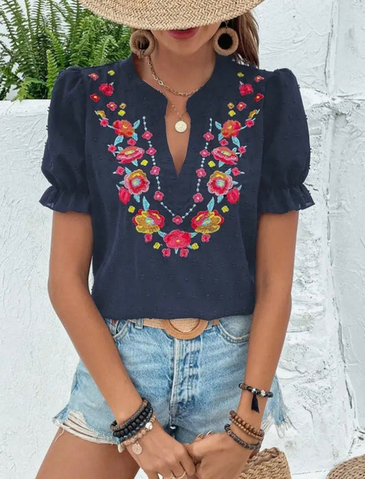 Puff Sleeve Embroidery Blouse