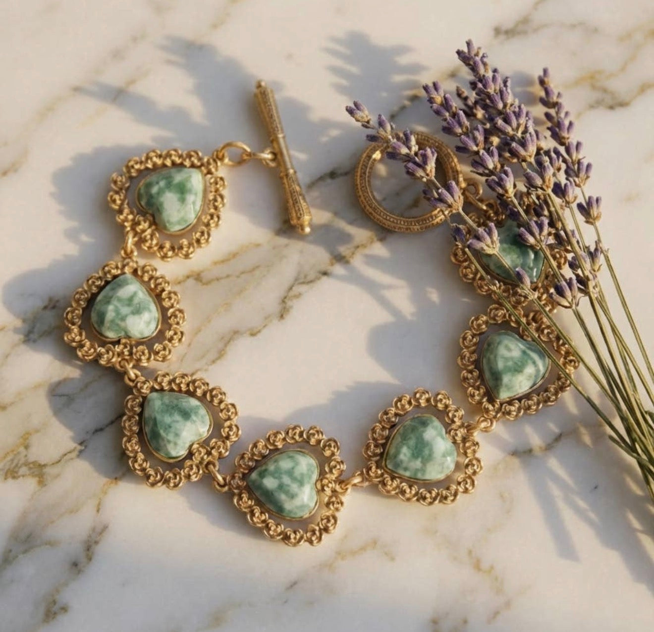 Vintage 18 k gold plated amozonite heart bracelet