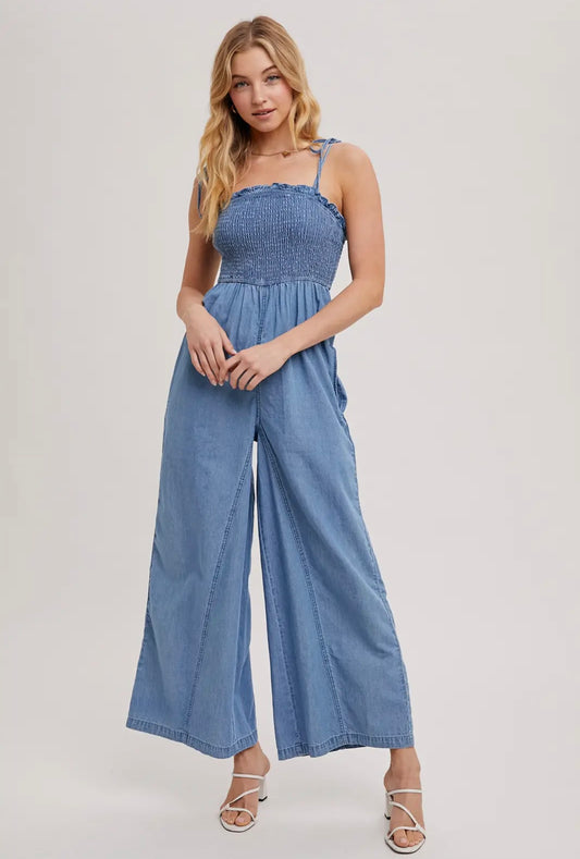 Denim wide leg jumpsuit