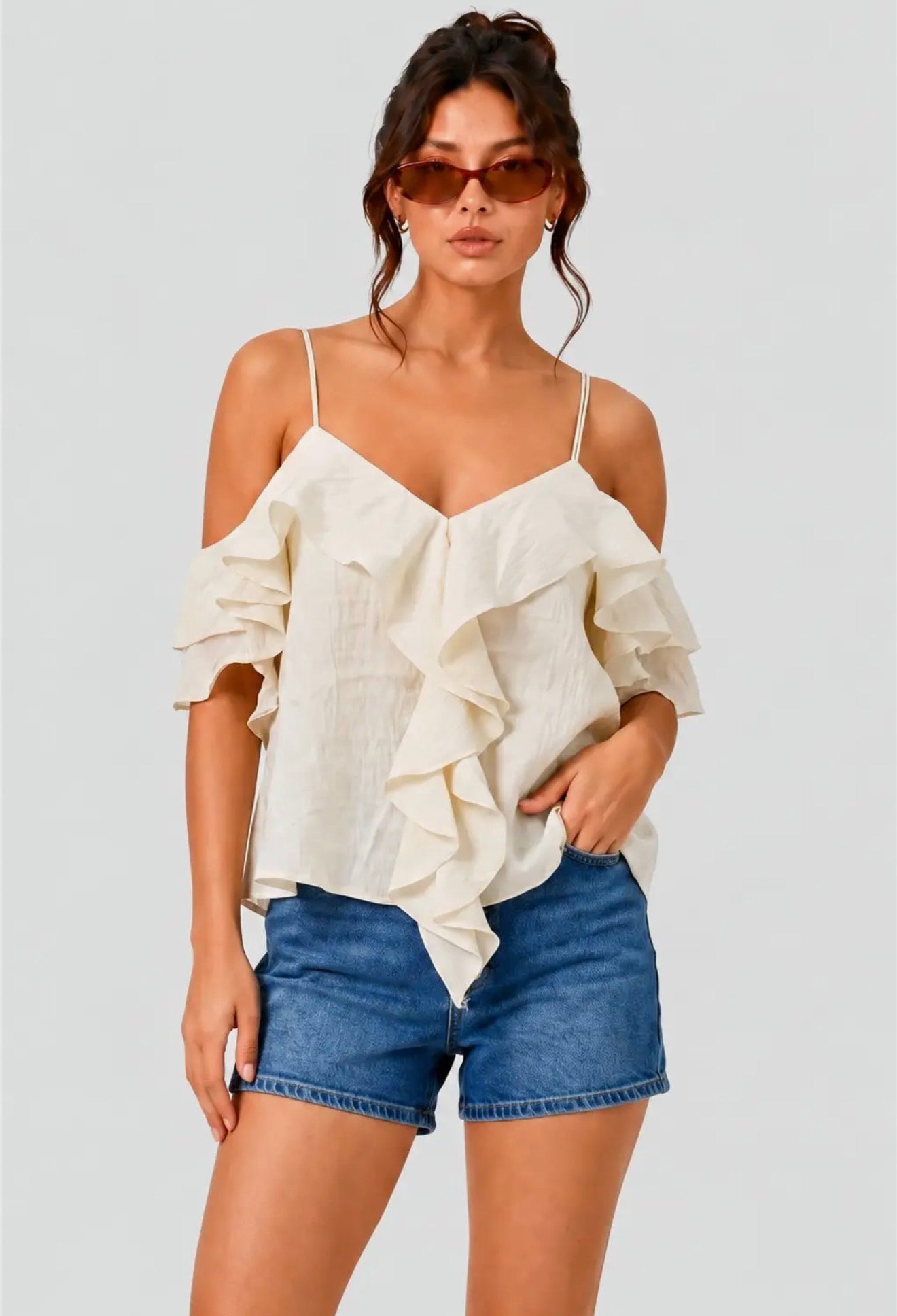 Ruffled off shoulder tank