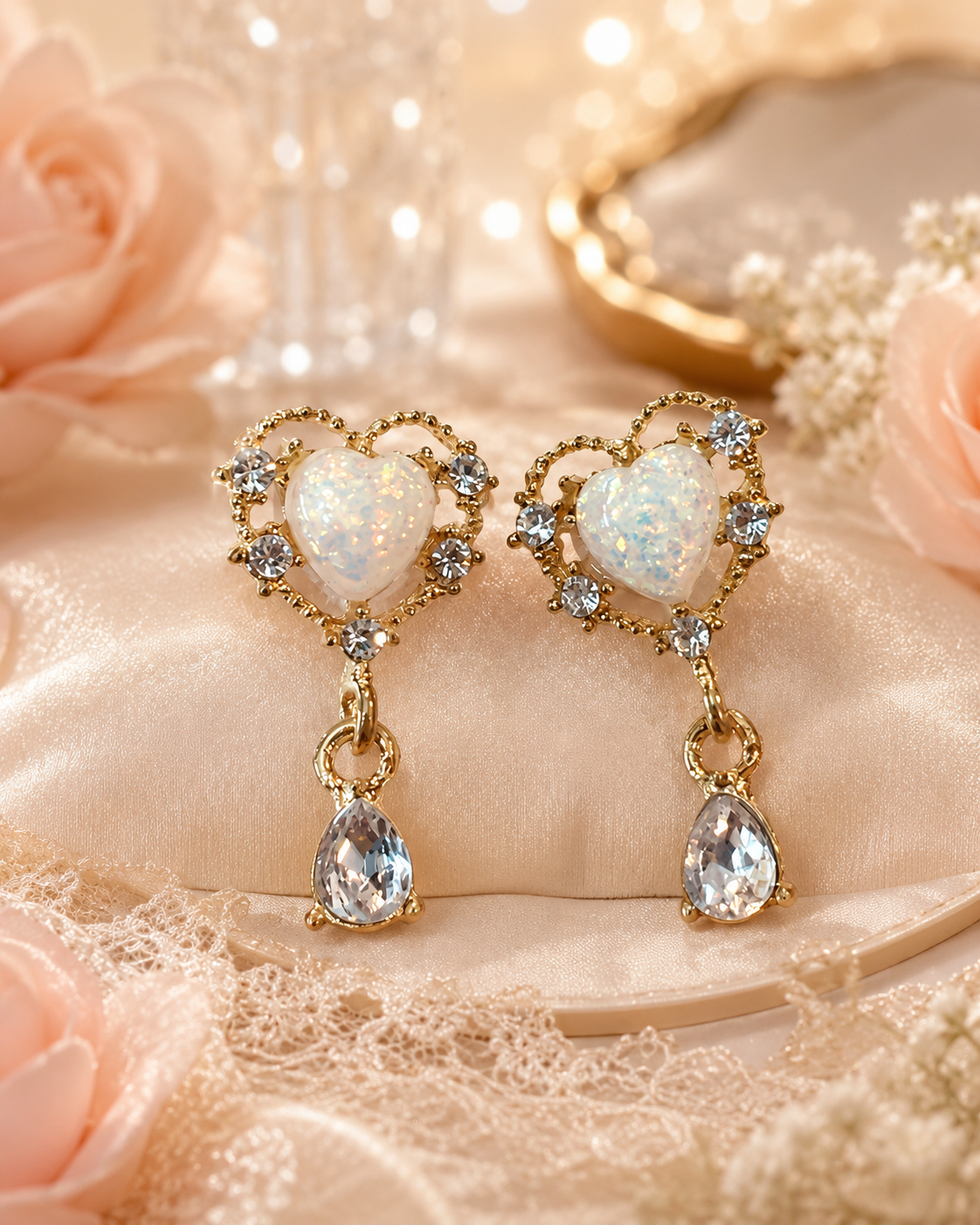 Opal Heart Drop Earrings