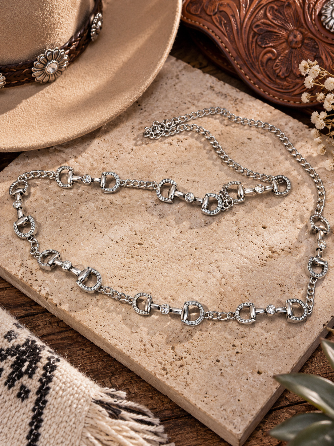Rhinestone Horsebit Chain Belt