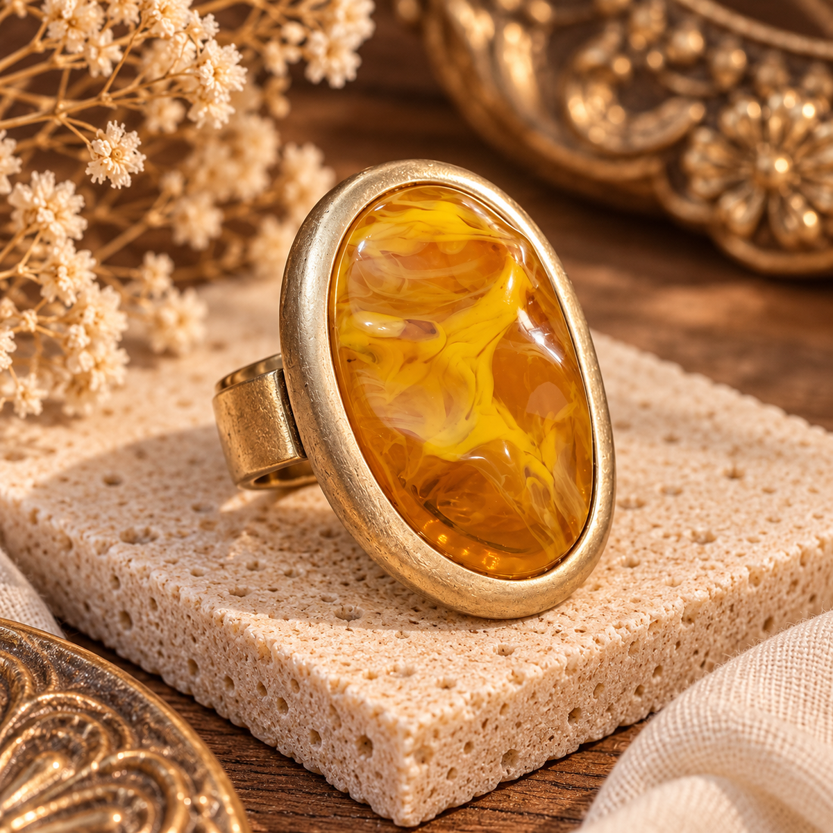 Golden Amber Swirl Statement Ring