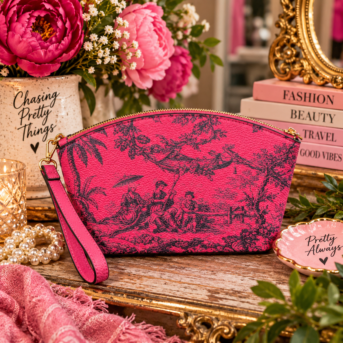 Fuchsia Toile Wristlet