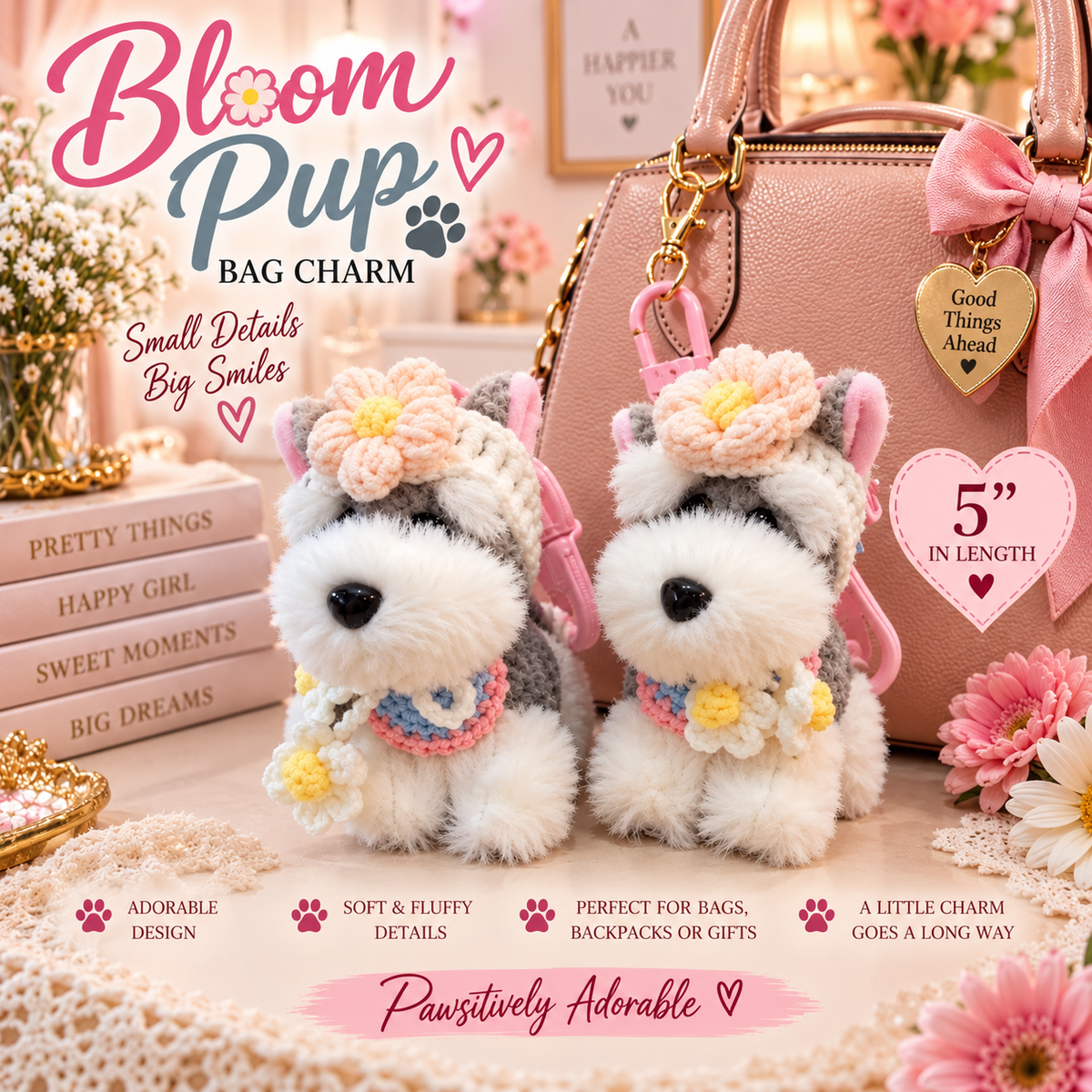 Bloom Pup Bag Charms 5 inches long