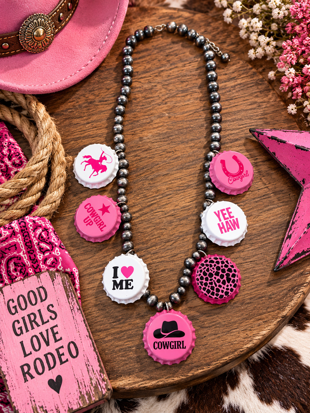 SilverPink Cowgirl Up Bottle Cap Necklace