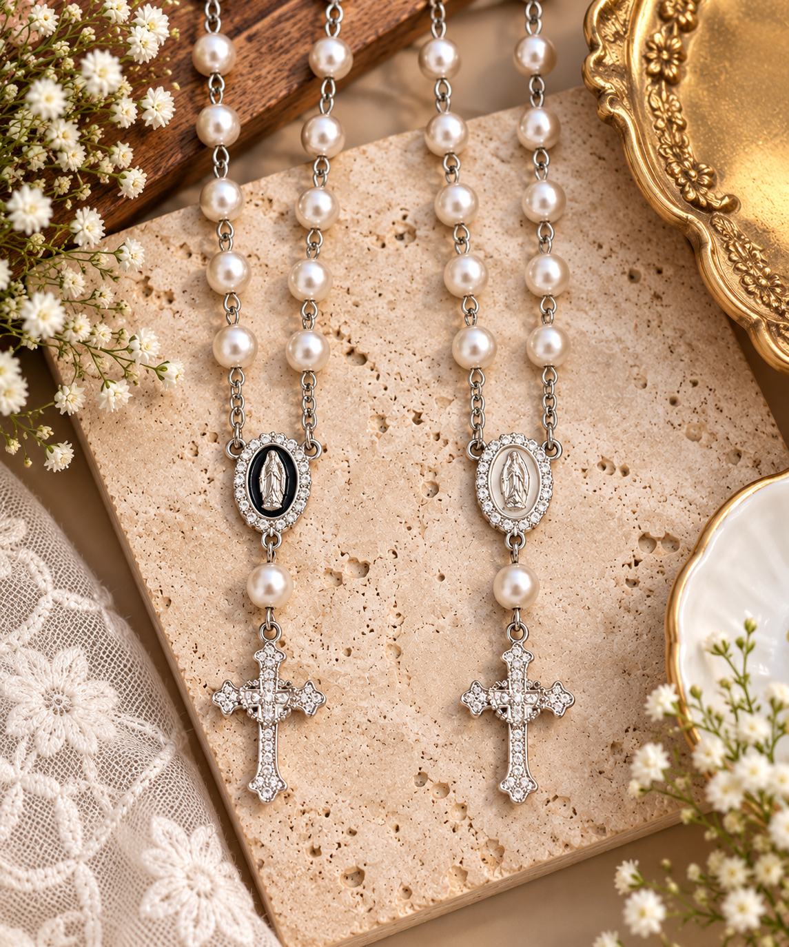 Our Lady’s Pearl Rosary Necklace