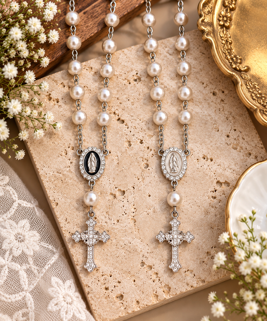 Our Lady’s Pearl Rosary Necklace