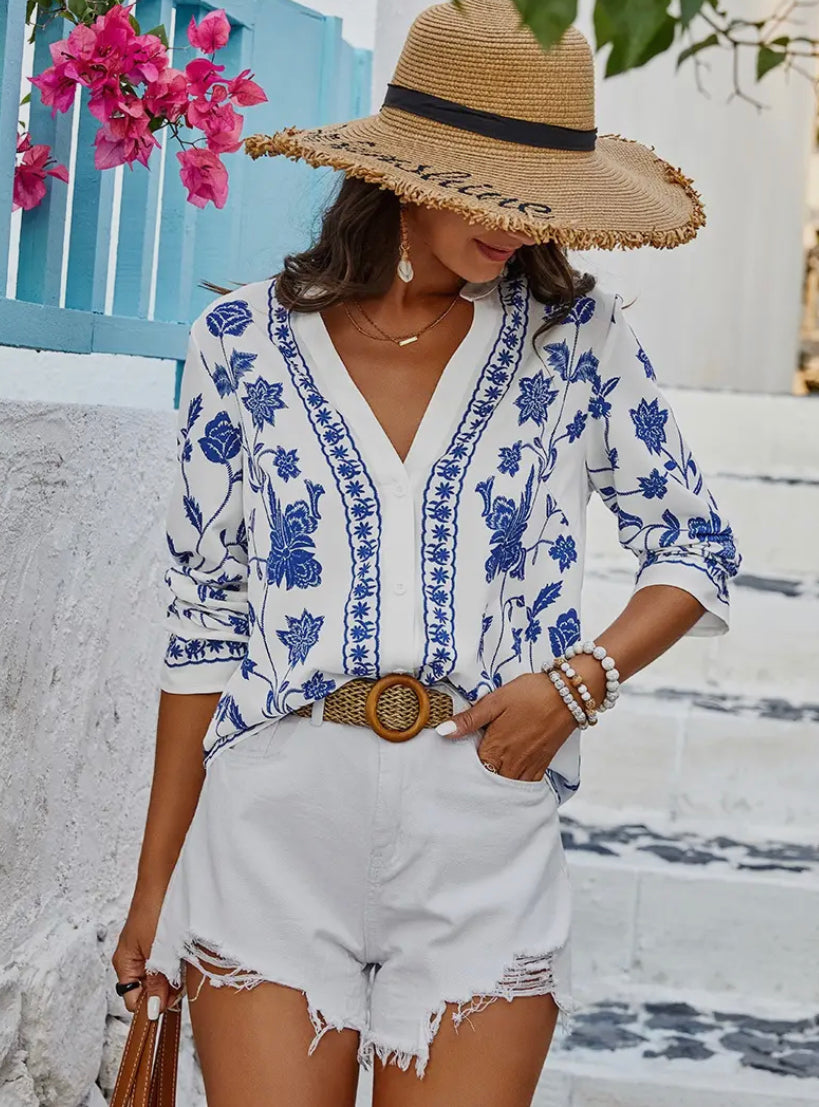 Blue Floral Mid Sleeve Blouse