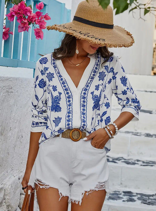 Blue Floral Mid Sleeve Blouse