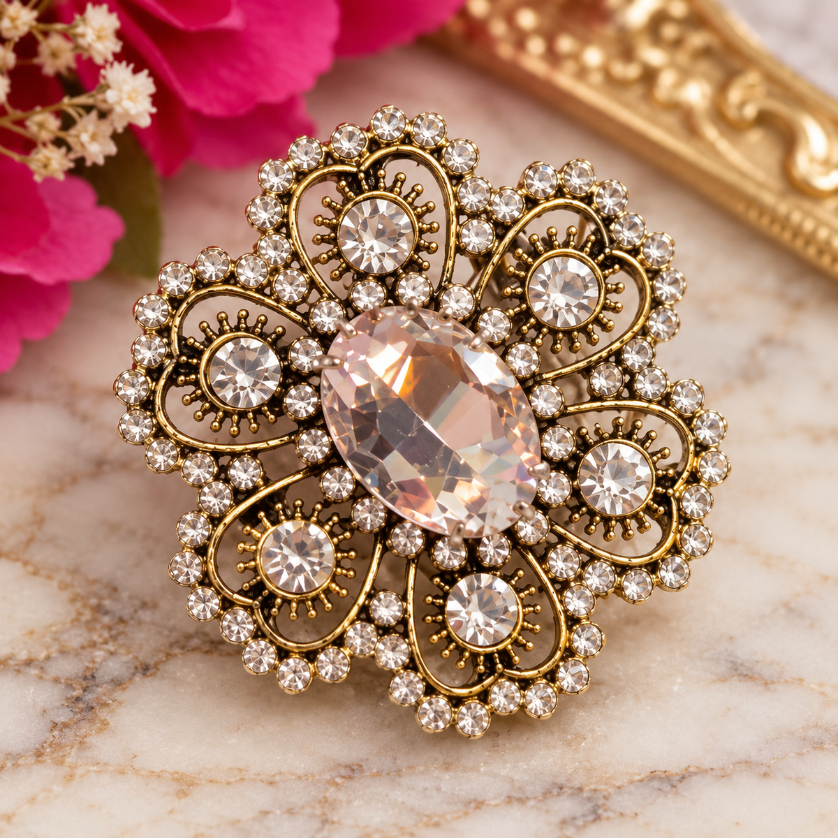 Champagne Crystal Floral Brooch