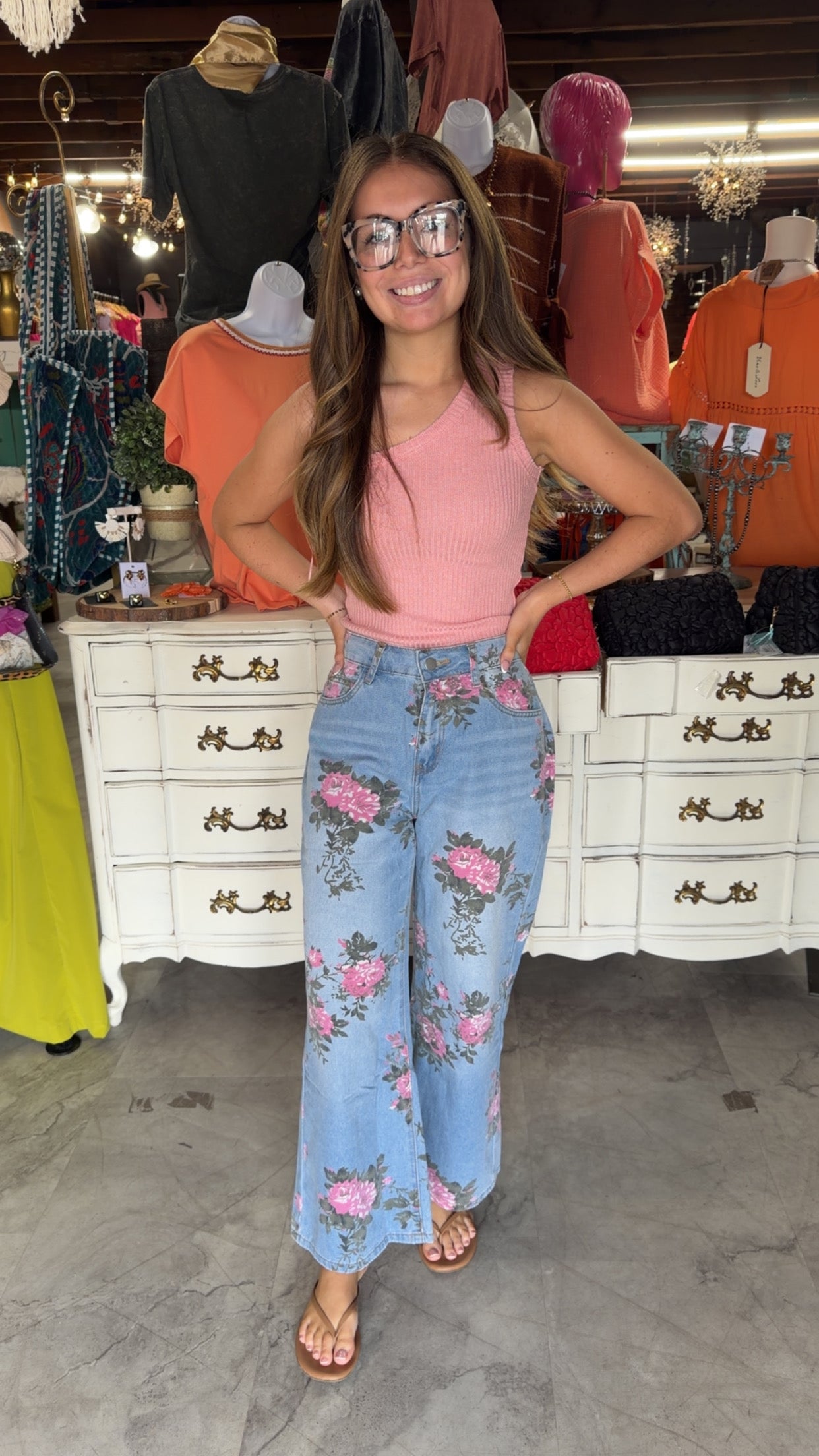 Floral denim wide leg pant