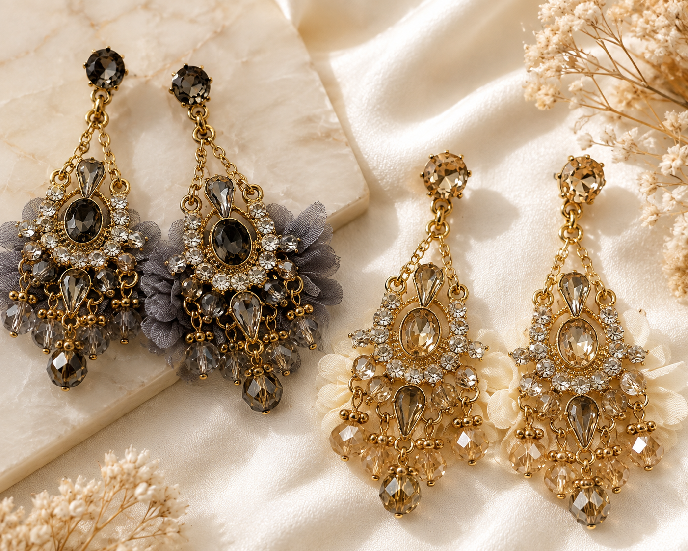 Crystal and chiffon chandelier earrings