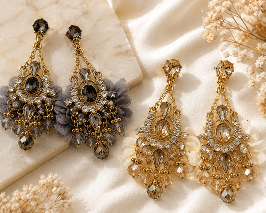 Crystal and chiffon chandelier earrings