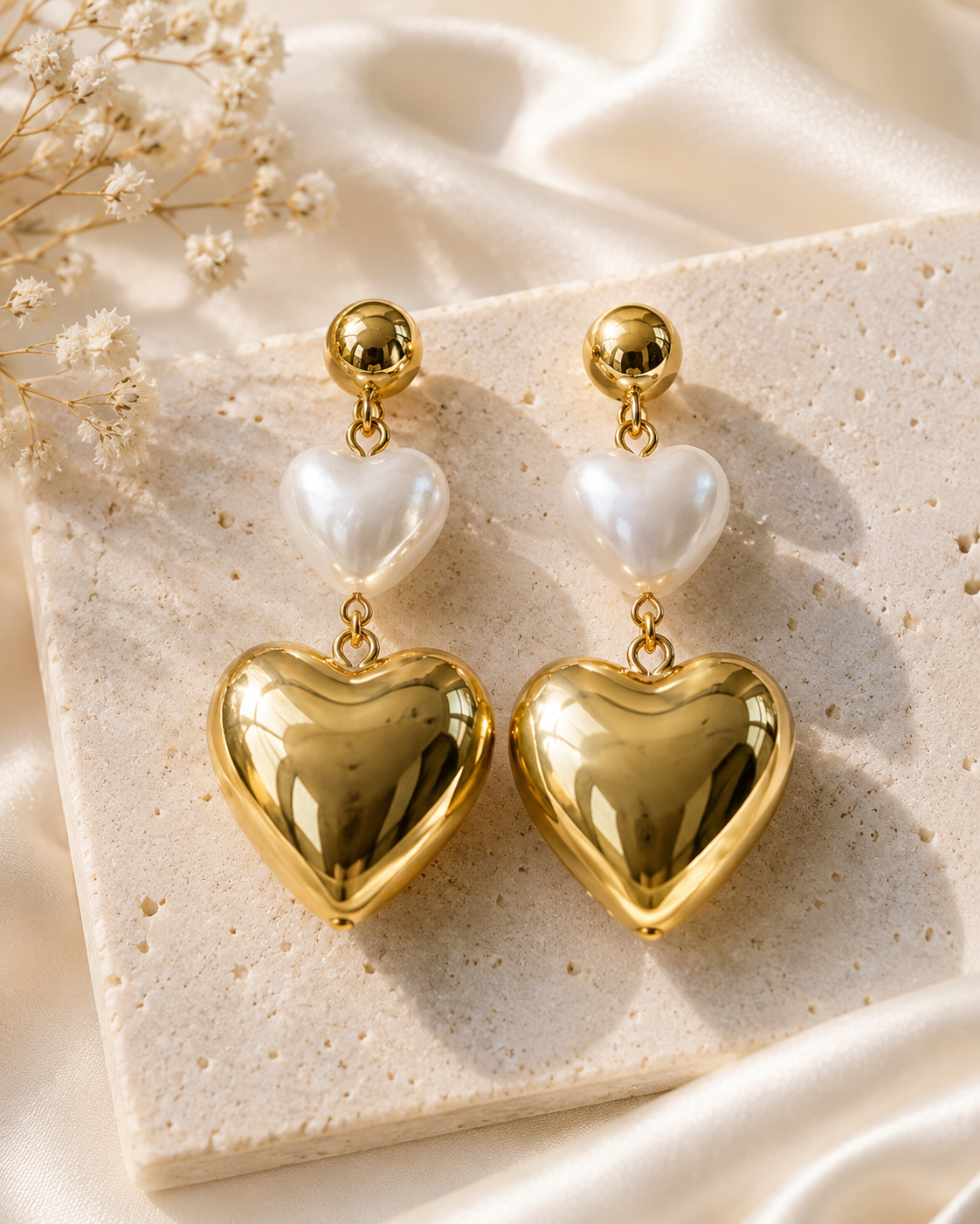Pearl & Gold heart drop earrings