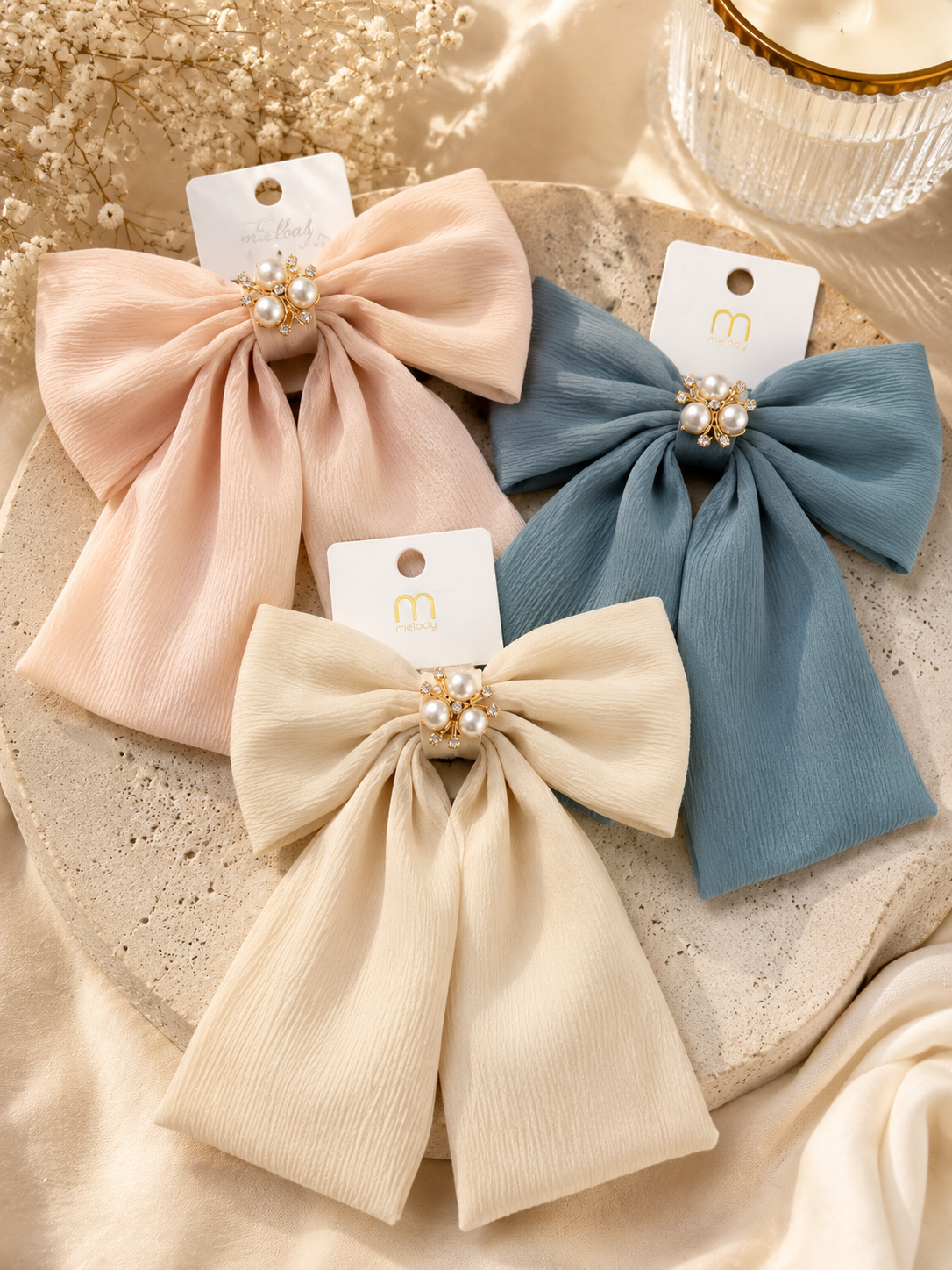 Pearl & Rhinestone Chiffon Bow Hair Clip
