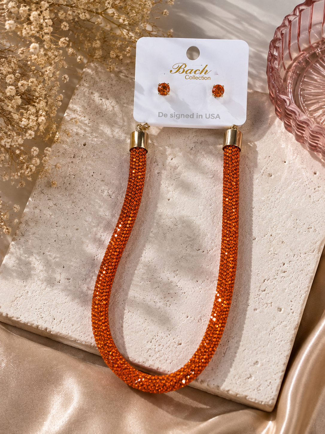 Orange Rhinestone Mesh Necklace & Stud Earring Set