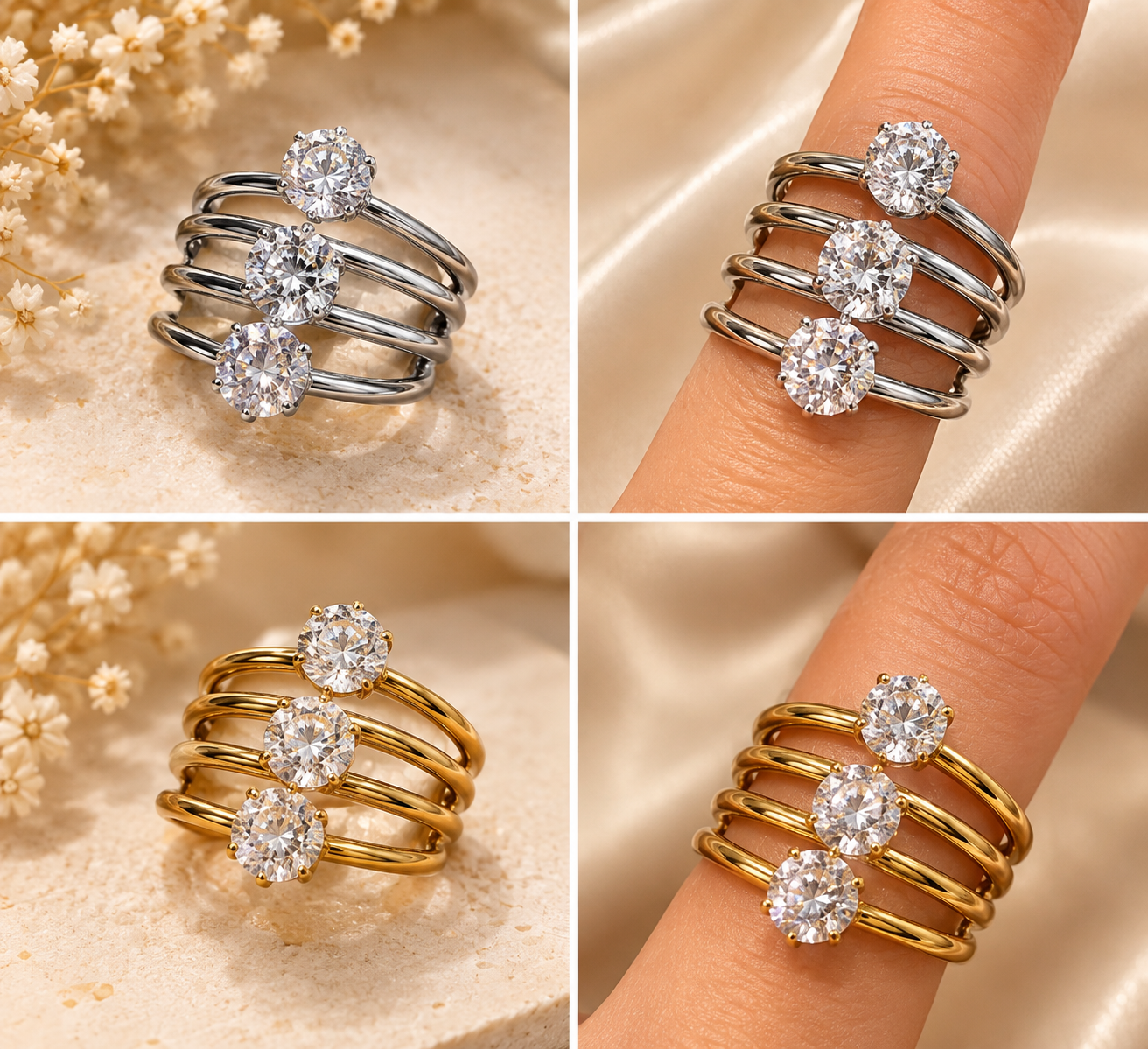 Triple Stone Spiral Statement Rings