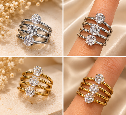 Triple Stone Spiral Statement Rings