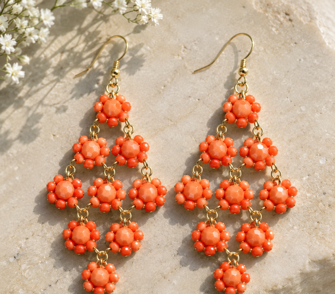 Coral Beaded Flower Earrings