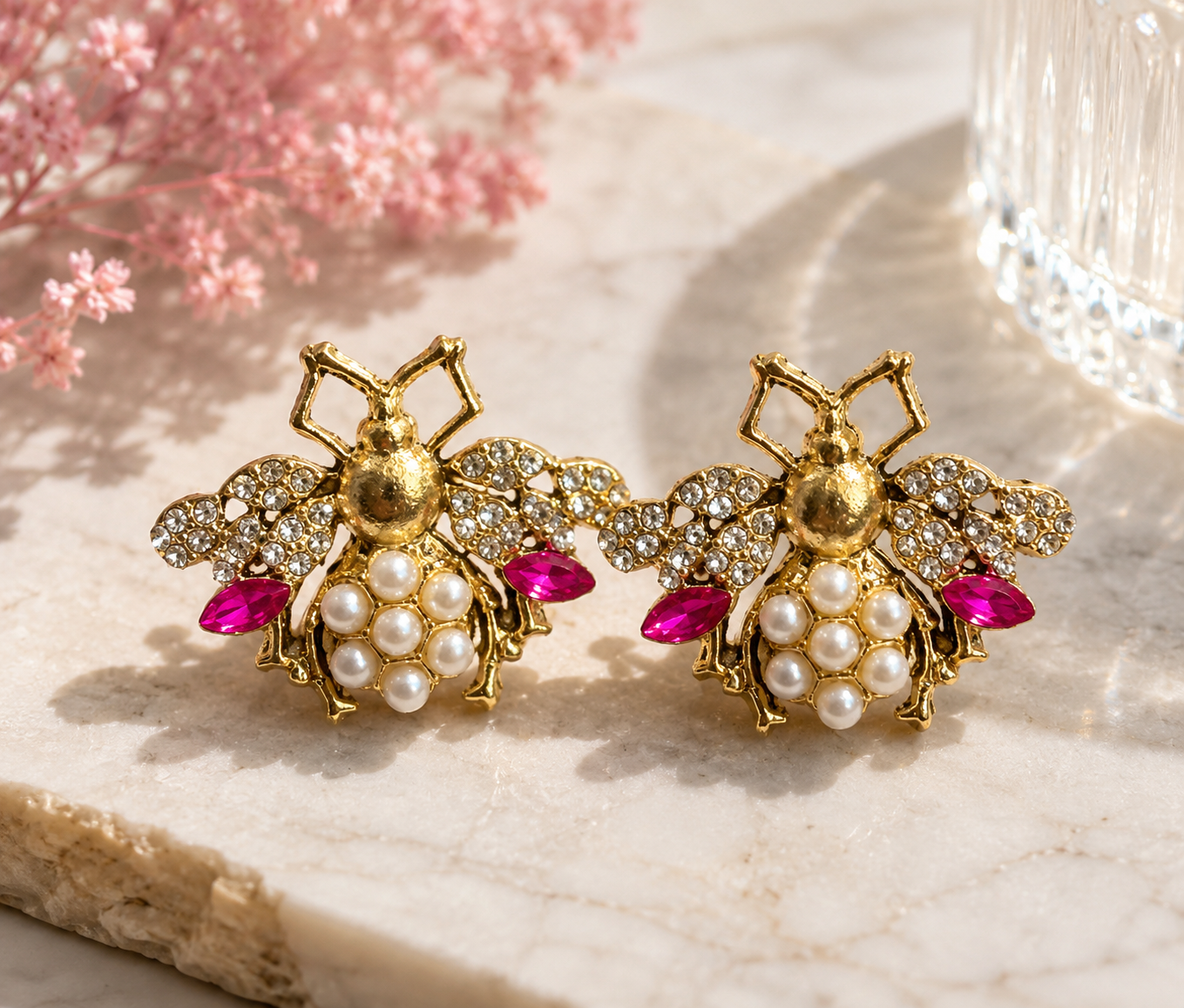 Pink Pearl & Crystal Bee Earrings