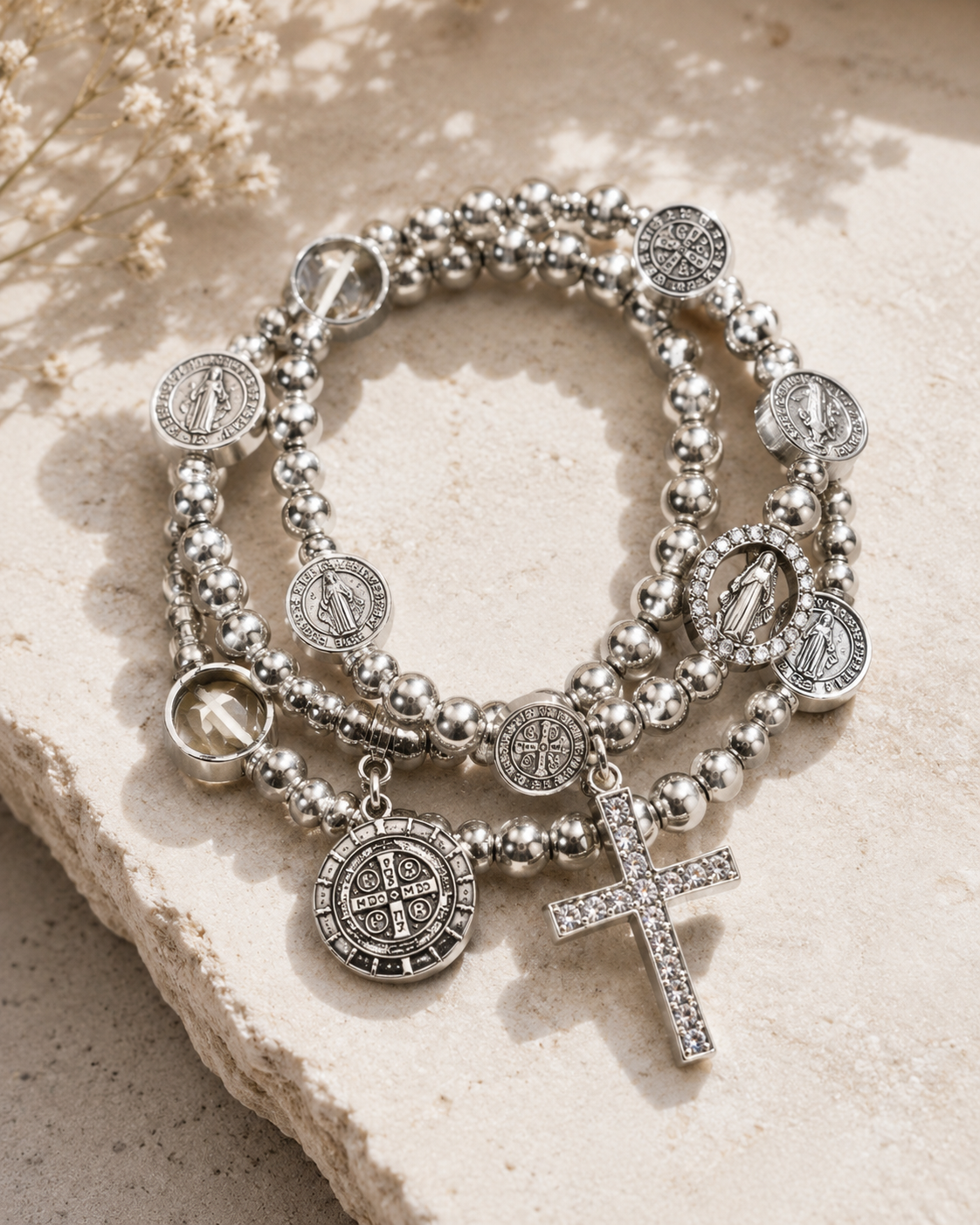 Silver Saint Medal & Cross Bracelet Set